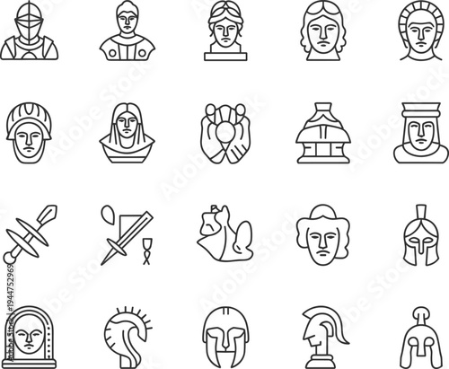 Medieval and ancient history icons, knights, warriors, helmets, sculptures, swords, armor, historic figures, battle symbols, line art vector set