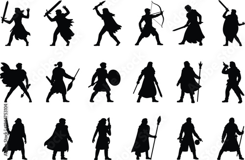 Medieval warrior silhouettes, fantasy characters, sword fighting, archery poses, shield and spear, cloak wearing, battle stances, medieval warriors black shapes