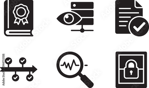 Audit and Compliance Logging Cybersecurity Symbols and Regulatory Governance Solid Black Vector Silhouette Icon Set