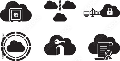 Cloud Security Zero-Trust Architecture Symbols and Secure Cloud Computing Infrastructure Solid Black Vector Silhouette Icon Set
