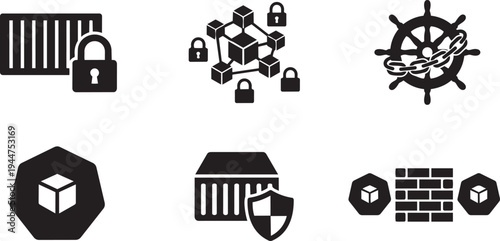Container Security and Kubernetes Zero Trust Architecture ZTA Symbols Solid Black Vector Silhouette Icon Set for Cloud Native DevSecOps