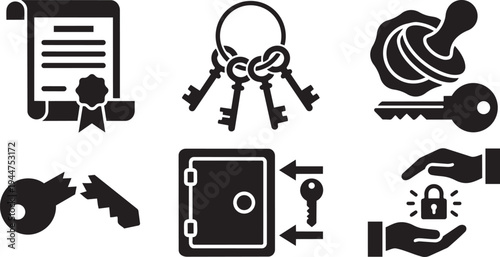 Cryptographic Keys and Digital Certificate Management Symbols for PKI and Data Encryption Solid Black Vector Silhouette Icon Set
