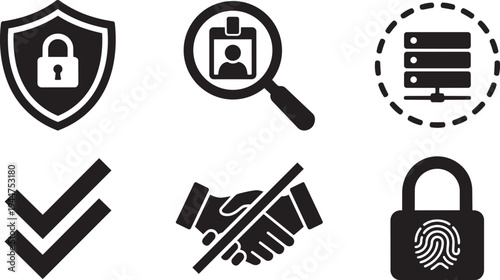 Cybersecurity Zero-Trust Architecture Symbols explicitly verifying identities and segmenting networks solid black vector silhouette icon set for secure systems