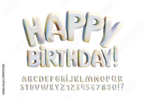 3D inflated metal font, holographic bubble letters, silver foil balloon numbers. Glossy chrome iridescent typography, plump round shapes. Fun festive party design, cool birthday poster, Y2K round abc