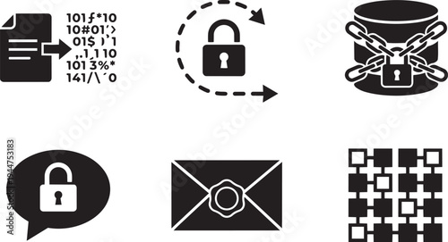 Data Encryption at Rest and in Transit Cybersecurity Symbols and Cryptography Interface Elements Solid Black Vector Silhouette Icon Set