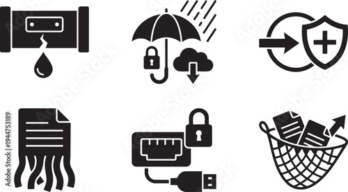 Data Loss Prevention DLP and Information Protection Symbols Solid Black Vector Silhouette Icon Set for Zero Trust Cybersecurity