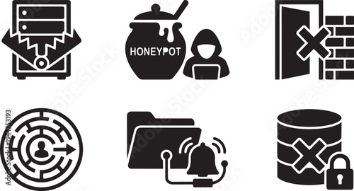 Deception Technology and Honeypot Cybersecurity Symbols Solid Black Vector Silhouette Icon Set for Intruder Trapping and Threat Detection