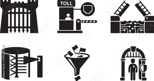 Secure Access Gateways and Network Traffic Filtering Symbols Zero Trust Architecture ZTA Solid Black Vector Silhouette Icon Set