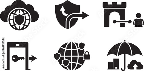 Secure Access Service Edge SASE and Cloud Network Security Symbols Solid Black Vector Silhouette Icon Set for Global Enterprise Infrastructure