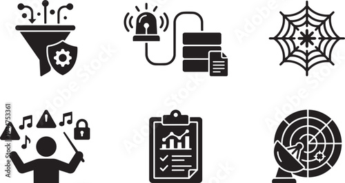 SIEM Integration and Security Operations Center SOC Monitoring Symbols Solid Black Vector Silhouette Icon Set for Cybersecurity Intelligence