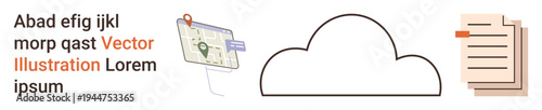 Cloud storage, data hosting, navigation, geolocation, document management, information technology. A cloud icon connects a map with a pin and stacked documents. Cloud storage and navigation concepts