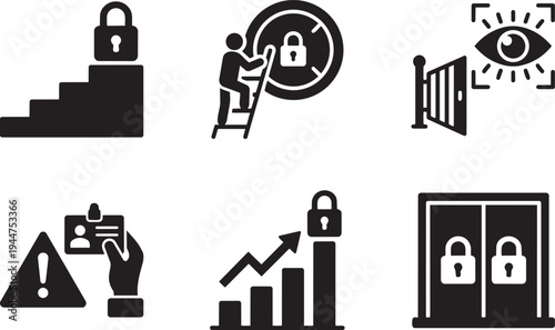 Step-Up Authentication and Escalated Security Verification Symbols for Adaptive Access Control Solid Black Vector Silhouette Icon Set
