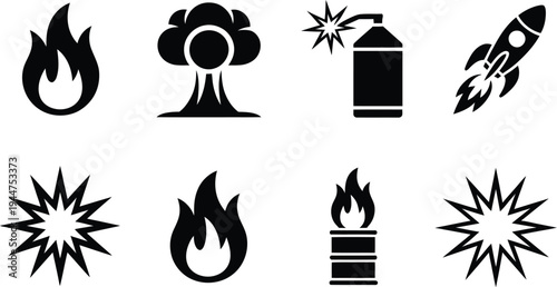 Fire and explosion hazard symbols vector, black and white icons including flame and mushroom cloud for industrial safety and warning signs.