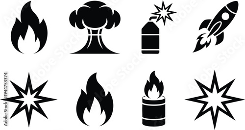 Fire and explosion hazard symbols vector, set of flame and mushroom cloud icons for safety warning and danger signage.