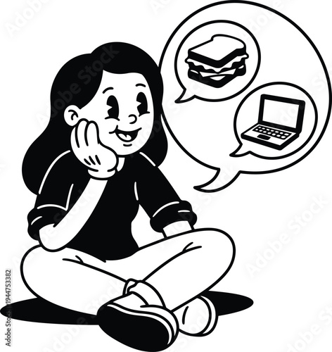 Retro cartoon 50s style girl sitting cross legged thinking of sandwich and laptop speech bubbles side view smiling casual outfit