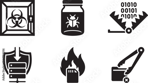 Threat Containment and Malware Isolation Symbols for Zero Trust Architecture ZTA Cybersecurity Solid Black Vector Silhouette Icon Set