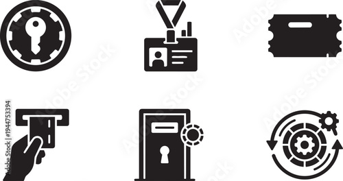 Token-Based Access and Identity Authentication Symbols Solid Black Vector Silhouette Icon Set for Cybersecurity and Network Security