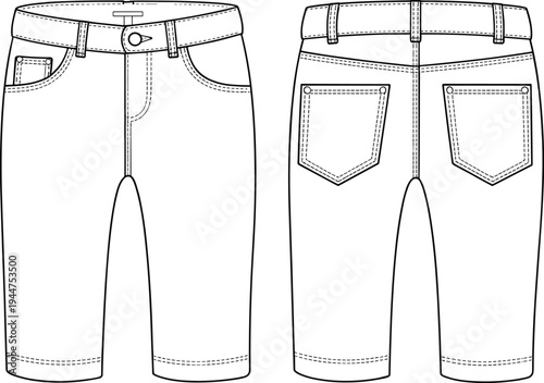 Men’s casual shorts, front and back view, vector illustration, flat design, technical drawing, summer fashion, clothing template, apparel sketch