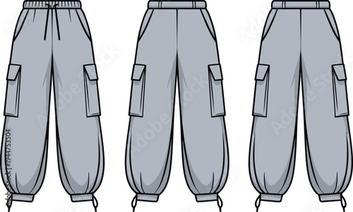 Gray cargo pants illustration, technical fashion design, loose fit trousers, drawstring waist, belt loop variant, side pockets, apparel template, garment sketch, clothing mockup, streetwear style,