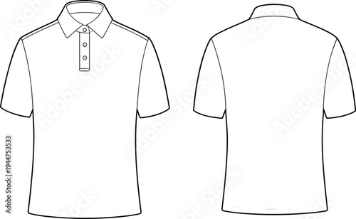 Men’s classic polo shirt flat sketch, front and back views, short sleeves, button placket, casual sporty top technical fashion design
