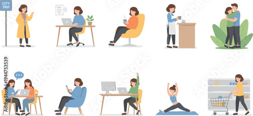 Modern young woman daily lifestyle routine set with working on laptop shopping exercising doing yoga traveling and drinking coffee flat vector,