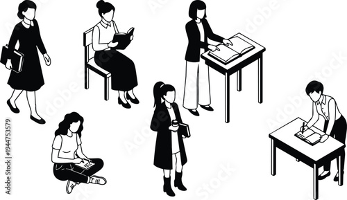 Isometric vector art multiple female students reading writing and studying in classroom desks chairs books various angles black and white