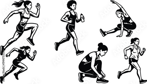 Line art vector set of athletic women running jumping stretching and tying shoelace in dynamic high contrast motion