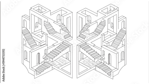 A detailed architectural drawing of a multi-story building featuring multiple staircases, presented in an isometric view, showcasing a complex blueprint design on a plain background.
