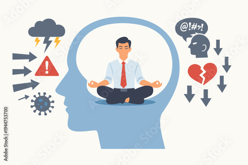 Businessman Meditating Inside a Human Head Silhouette to Resist Negative External Influences Like Stress, Illness, and Conflict. Concept of Mental Health, Mindfulness, Resilience, and Peace.