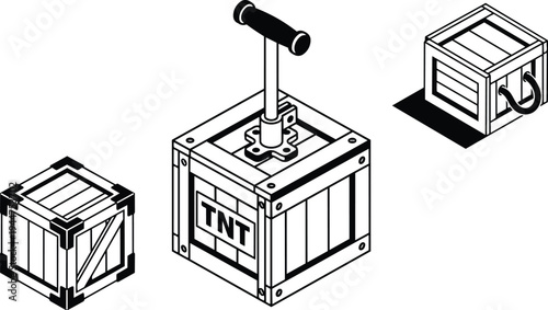 Isometric vector close up wooden tnt crate with plunger handle and two wooden crates in black and white line art
