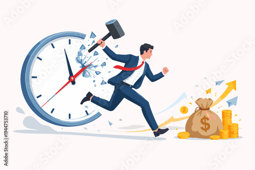 Businessman in suit smashing a clock with a hammer and running towards a bag of money and gold coins. Concept of breaking deadlines, time management, profit growth, and business success.