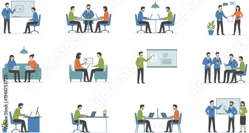 Modern office workflow set with business people working on laptops having meetings giving presentations and collaborating in professional environment vector,