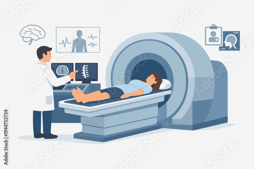 Professional doctor conducting magnetic resonance imaging (MRI) scan on a patient in a modern hospital clinic, featuring brain and spine diagnostic screens and medical technology icons.