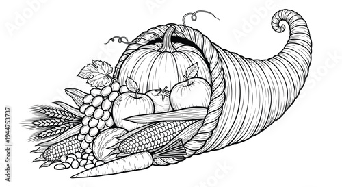 The cornucopia overflows with harvest fruits and vegetables.