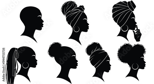 Set of African woman head silhouettes showing hairstyles.