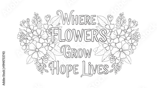 A serene adult coloring page featuring a beautiful floral design with the uplifting quote 'Where flowers grow hope lives', perfect for relaxation, stress relief, and creative expression.