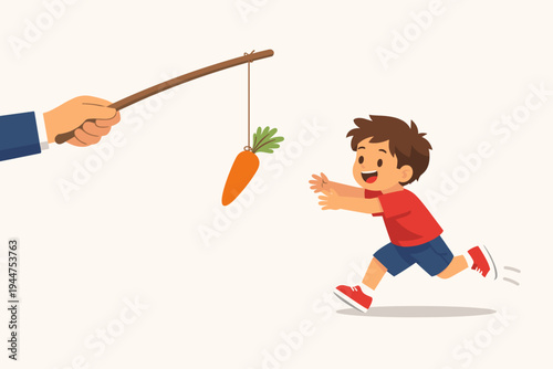 Vector Illustration of a Hand Holding a Carrot on a Stick as a Reward or Incentive for a Happy Little Boy Running to Catch It, Representing Motivation, Business Strategy, and Goal Achievement