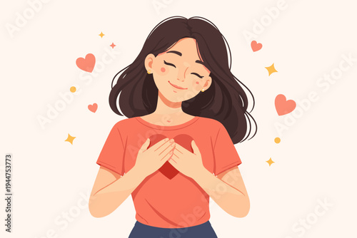 Happy young woman holding hands over a red heart on her chest, expressing self-love, gratitude, and inner peace with a serene smile, flat vector illustration for mental health and wellness.