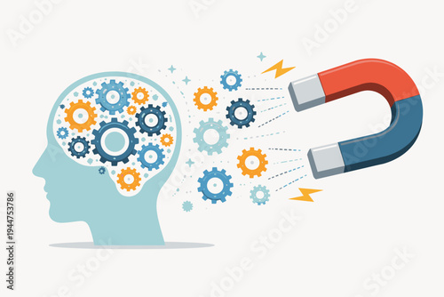 Conceptual vector illustration of a horseshoe magnet pulling gears out of a human head profile, representing brain drain, loss of ideas, cognitive decline, intellectual property theft, or headhunting.