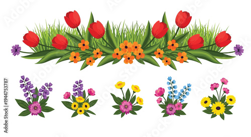 The floral border arrangement shows colorful spring flowers.