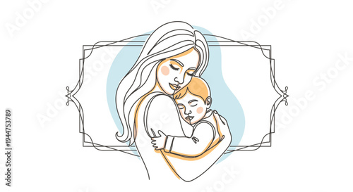 Mother and Child Hug in Elegant Frame Vector Illustration