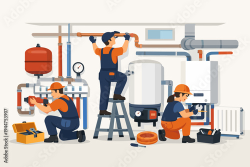 Professional Construction Team Installing and Repairing Home Heating Supply System in Basement with Technicians Working on Pipes, Boiler, Water Heater, and Radiator, HVAC Maintenance Service