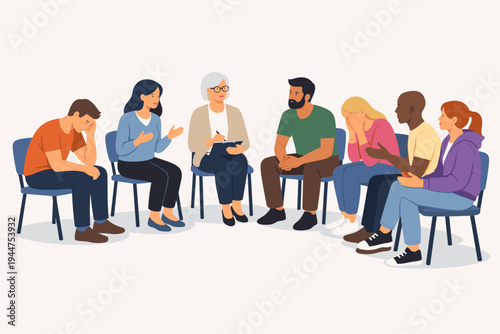 Vector illustration of a diverse group of people sitting in a circle for a support group or therapy session, sharing emotions and mental health struggles with a professional counselor or therapist.