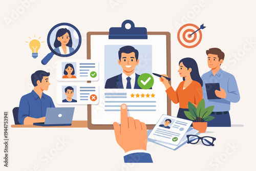 Human Resources Team Selecting the Best Candidate for a Job Vacancy, Recruitment Process with CV Review, Interviewing and Talent Acquisition Concept, Flat Vector Illustration of Hiring Team.
