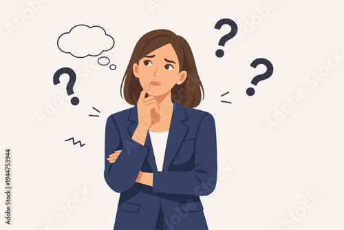 Confused Businesswoman Thinking and Having Questions with Thought Bubble and Question Marks. Professional Woman in Blue Suit Making a Decision, Solving a Problem. Flat Vector Illustration.