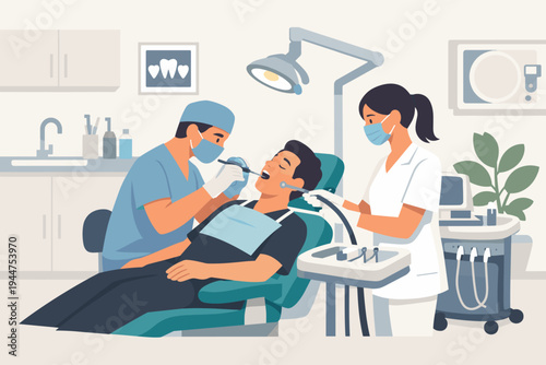 Professional Dentist and Assistant Treating a Patient in a Modern Dental Clinic Office Interior with Medical Equipment, Dental Chair, and Bright Decor, Flat Vector Illustration for Oral Hygiene