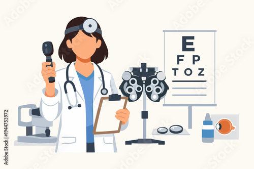Female Ophthalmologist Doctor in White Coat Holding Ophthalmoscope and Clipboard Ready for Eyesight Check-up with Phoropter, Snellen Eye Chart, and Medical Equipment in Flat Vector Illustration