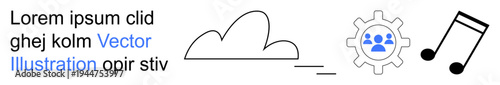 Cloud computing, teamwork, data integration, digital media, technology, automation. Minimal icons a cloud, gear with group and music note. Cloud computing and teamwork illustrated clearly