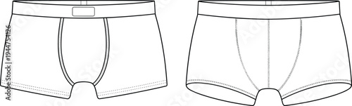 Men's boxer briefs comparison, front view illustration, technical sketch template, garment design blueprint, underwear mockup, sewing pattern, fashion layout