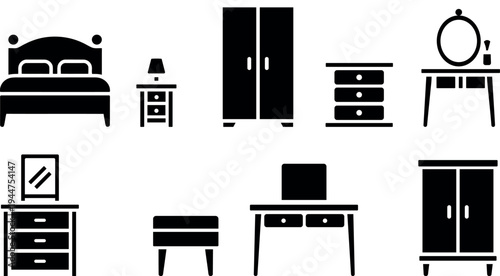 Collection of black silhouette furniture icons representing bedroom essentials and home decor items